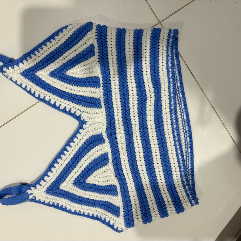 Hollister Blue and White Fitted Bustier Crop Tank